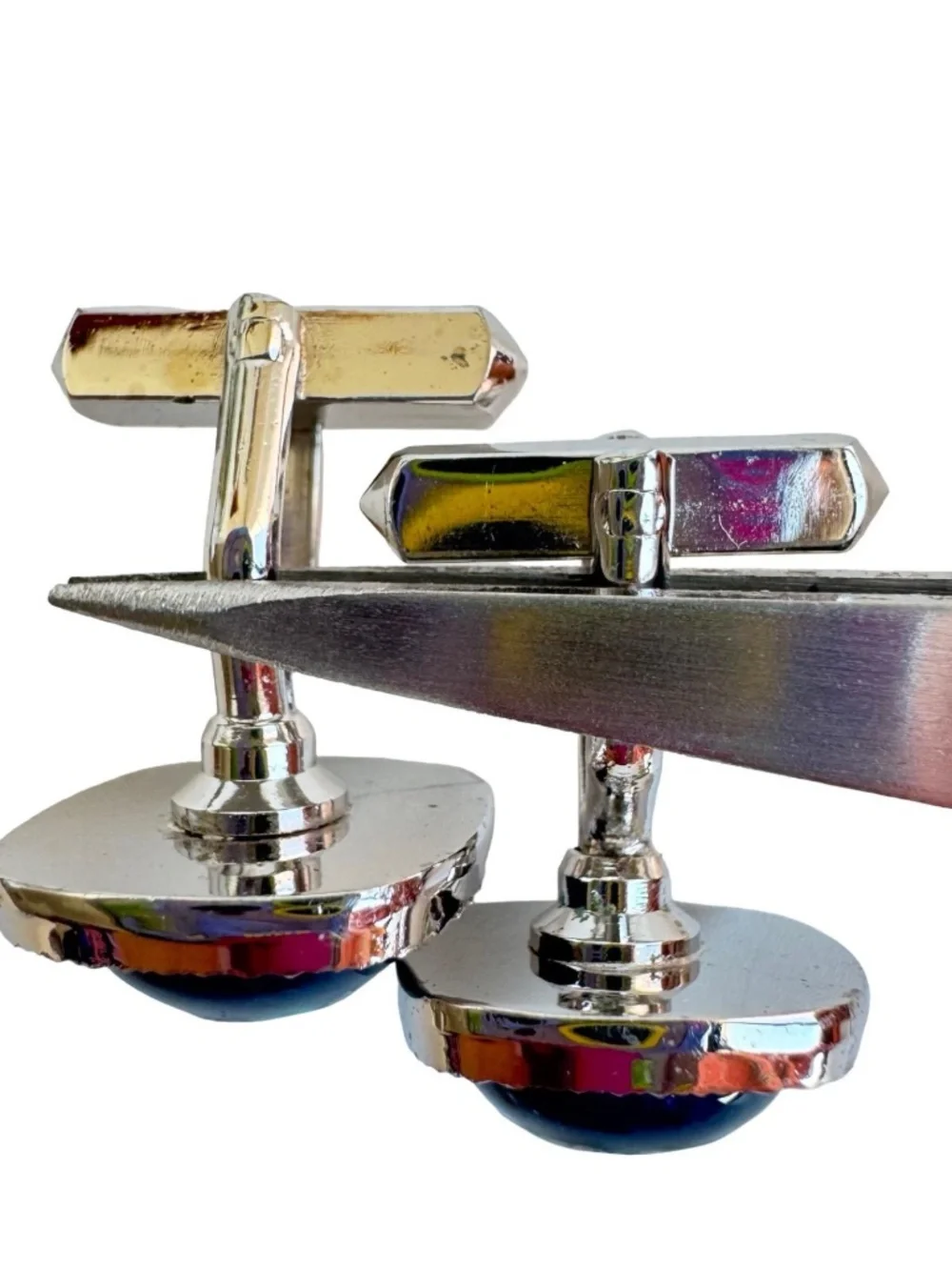 Vintage Japanese Cloisonne Cufflinks Tie Clip Set Blue Green Enamel Formal Groom